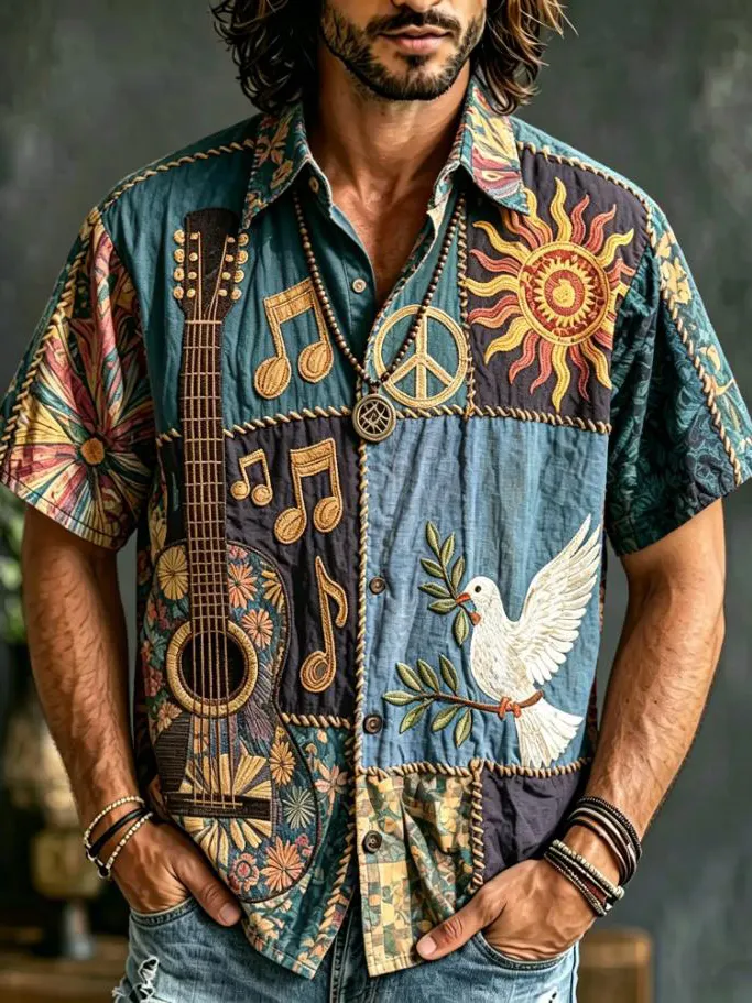 Men's Color Block Hippie Guitar Peace Dove Patchwork Art Print Casual Shirt