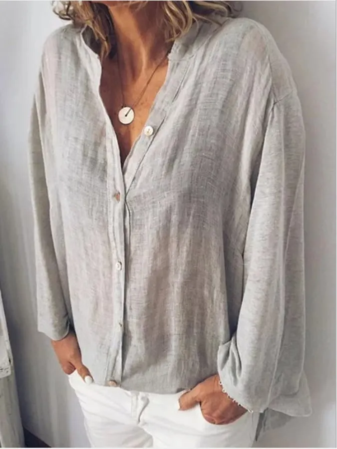 Women's V-Neck Long Sleeve Loose Button Design Casual Shirt