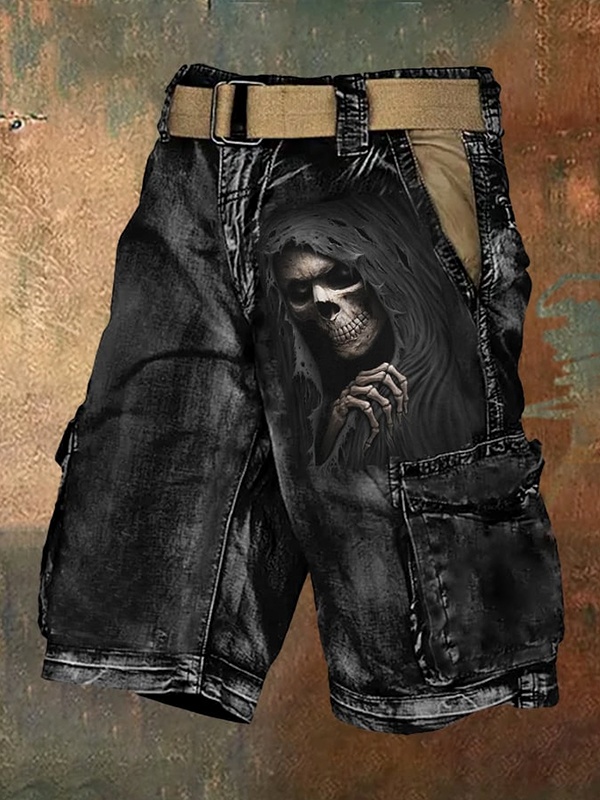 Men's Mysterious Skeleton Reaper  Print Denim-Like Casual Shorts