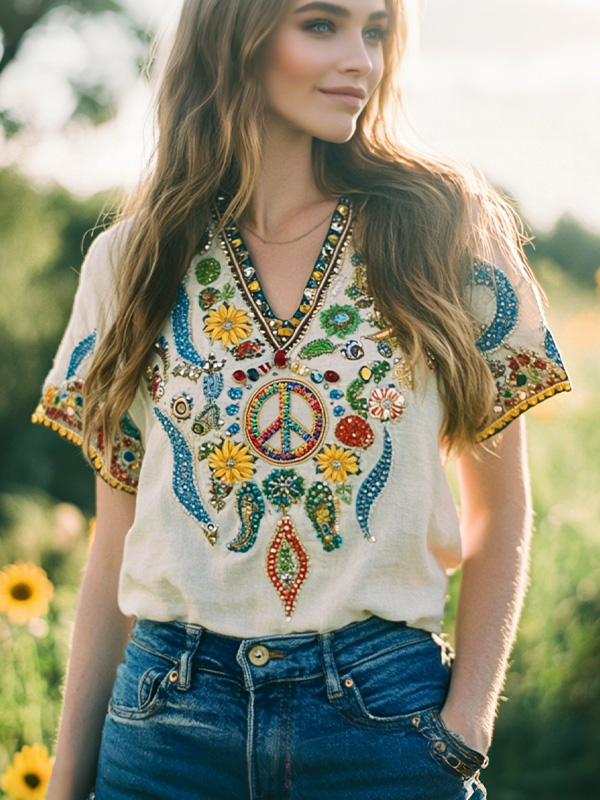 Women's Retro Hippie Peace Floral Print Casual V Neck T-Shirt