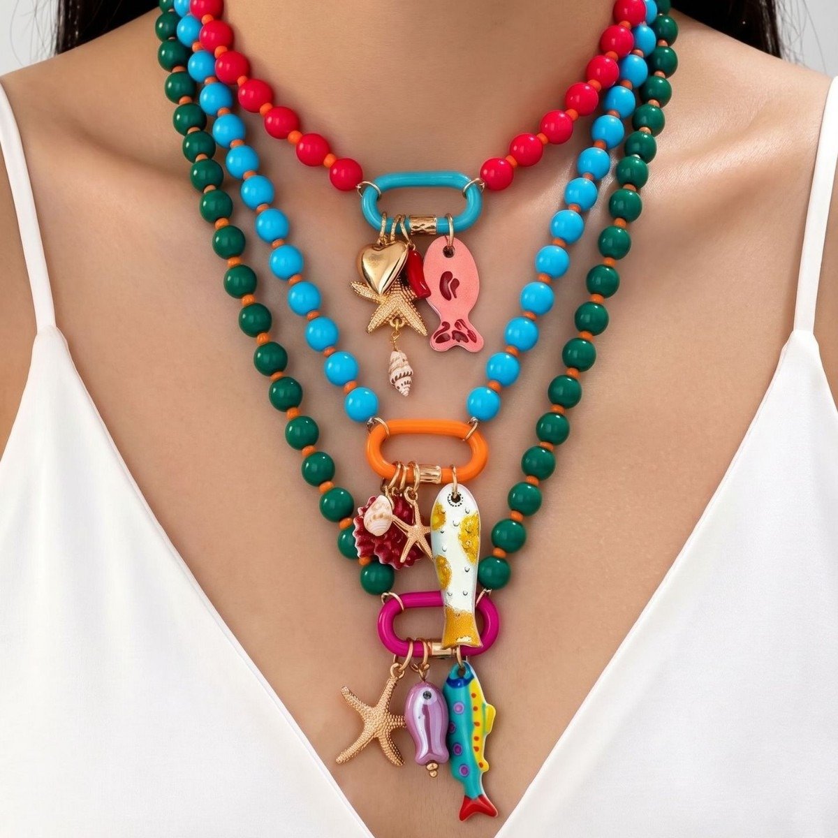 🌈✨3pc Summer Layered Beaded Dopamine Necklace Set 🦀Colorful Fish and Starfish Charms🐠