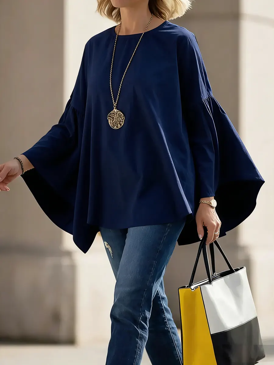 Women's Solid Color Round Neck Batwing Sleeve Casual Loose-fitting Cotton And Linen Top.