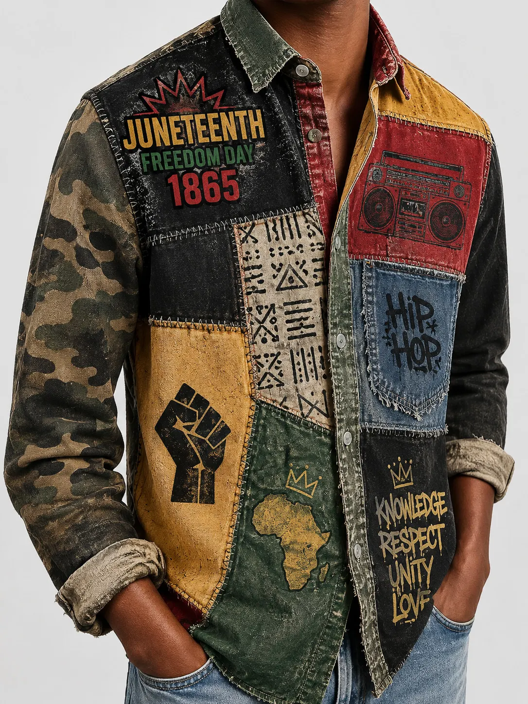 Men's Ethnic Unity Juneteenth 1865 Ethnic Geometric Patchwork Art Print Long Sleeve Shirt