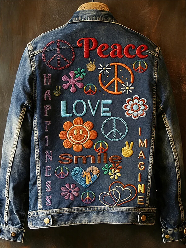 Men's Hippie Happiness Flower Peace Sign Print Denim-Like Long Sleeve Shirt
