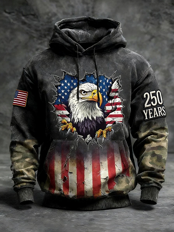 Men's American Bald Eagle Camouflage Patchwork Art Print Pocket Hoodie