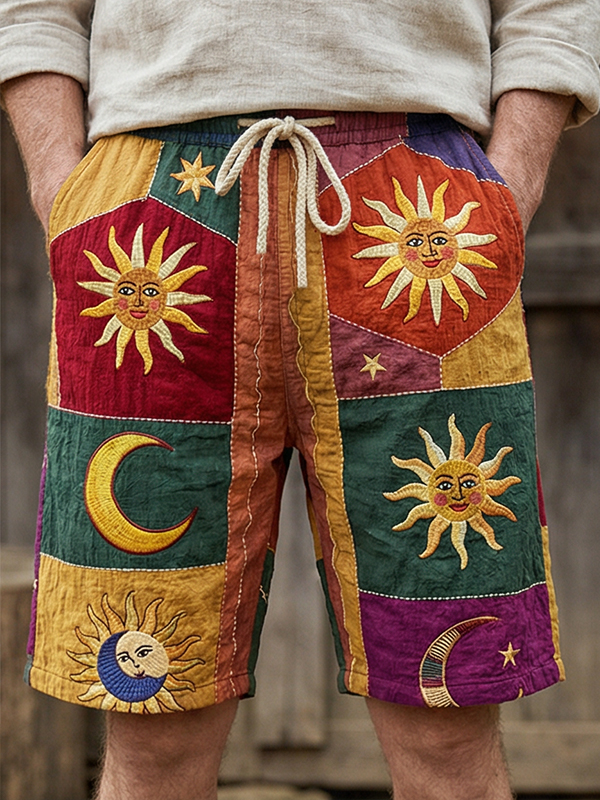 Men's Colorful Hippie Sun And Moon Art Print Casual Shorts