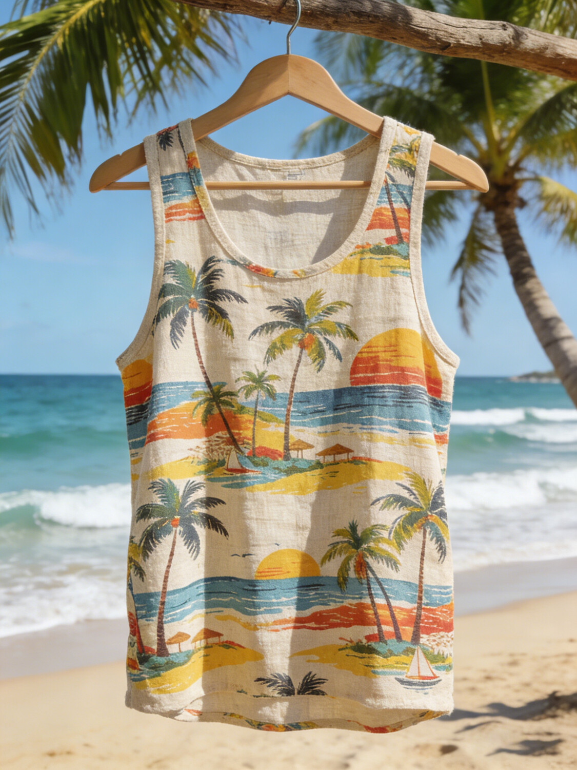 Men's Hawaiian Beach Sunset Palm Tree Print Vacation Tank Top
