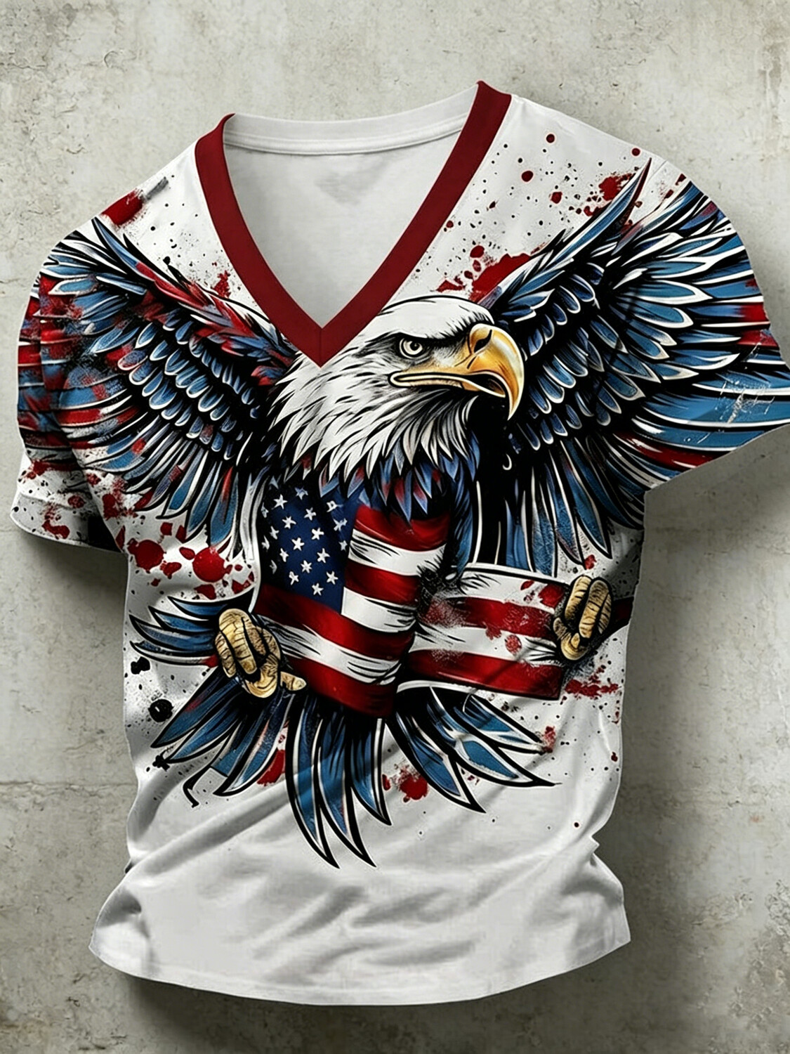 Men's American Flag Bald Eagle Splash Ink Art Print Casual V Neck T-Shirt