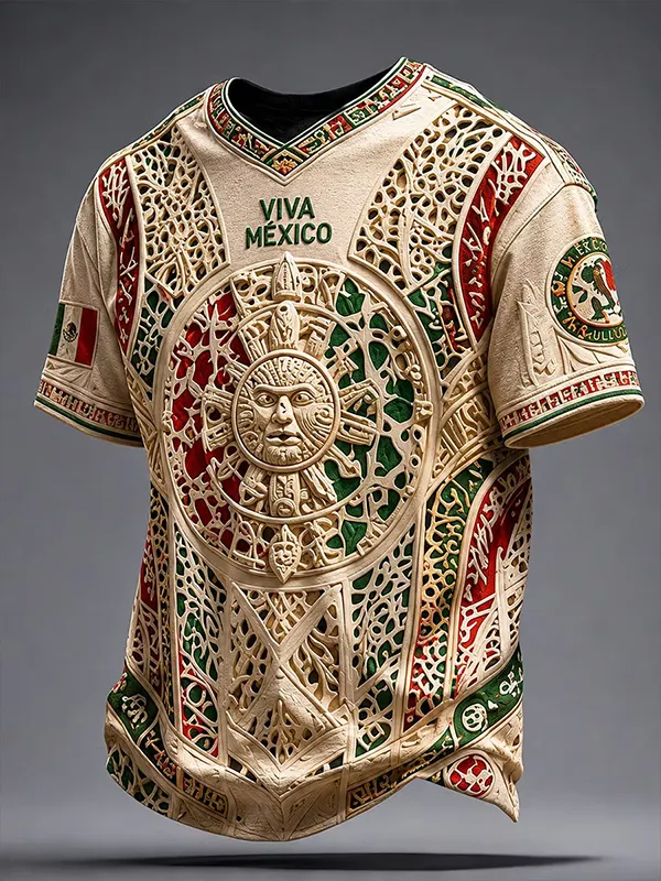 Men's Viva Mexico Hollow Carved Sun God Aztec Tribal Pattern Art Print V Neck T-Shirt