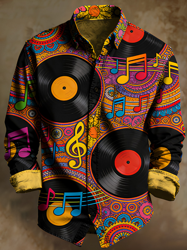 Men's Vinyl Record Music Note Art Print Long Sleeve Shirt