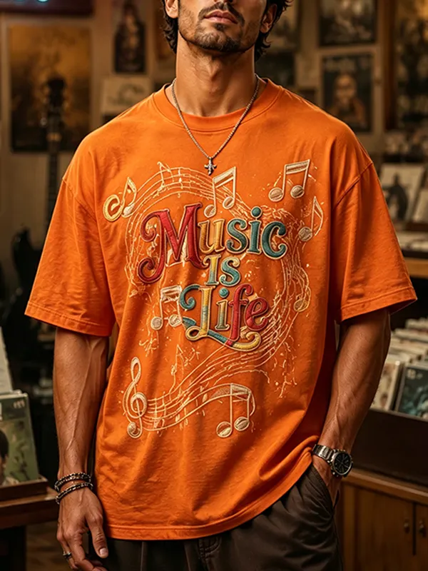 Men's Note Music Is Life Print Cotton Casual T-Shirt