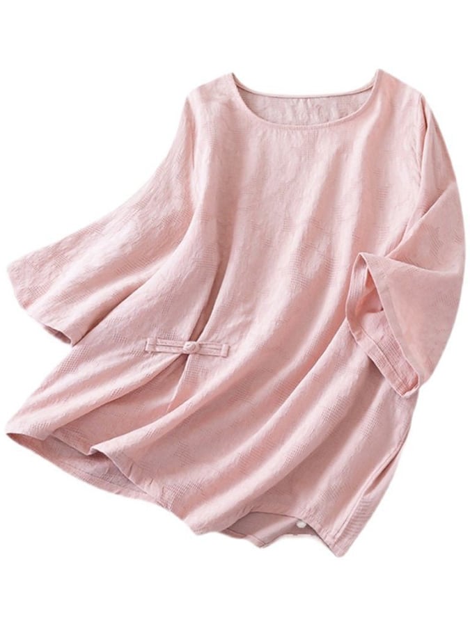 Women's Cotton Vintage Jacquard Frog Button Half Sleeve Casual Round Neck Shirt