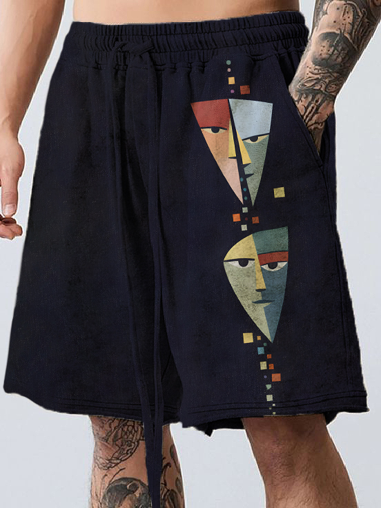 Men's Colorblock Abstract Face Print Casual Shorts