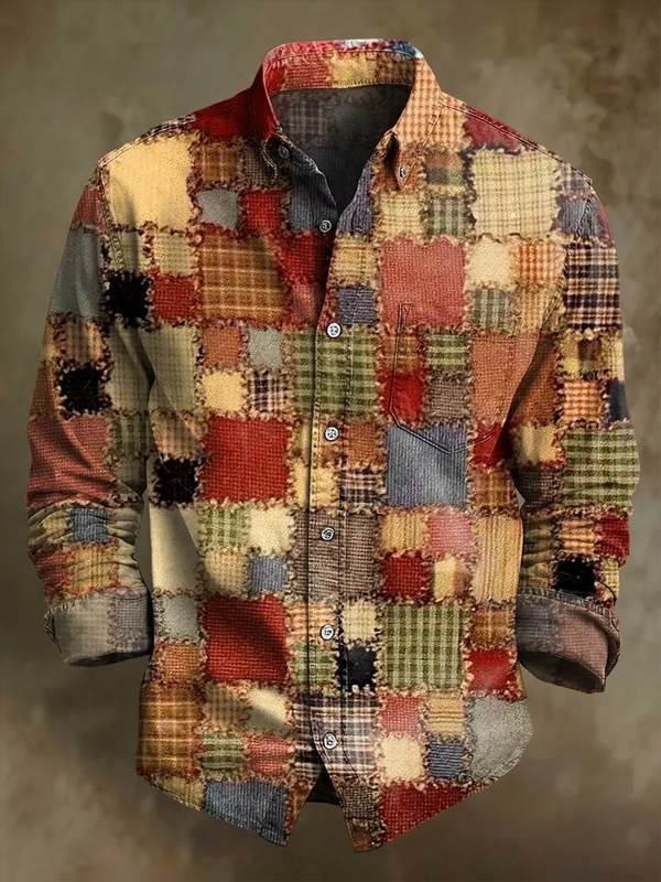 Men's Geometric Art Colorblock Print Long Sleeve Shirt