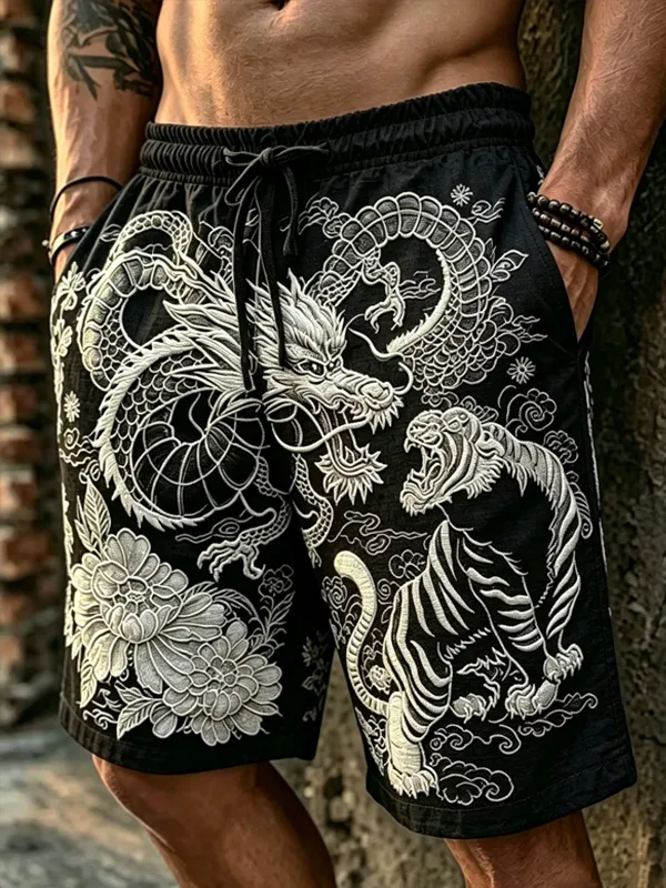 Men's Vintage Dragon And Tiger Japanese Art Print Casual Shorts