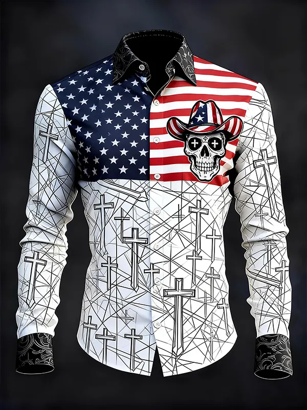 Men's American Flag Cowboy Skull Cross Art Print Long Sleeve Shirt