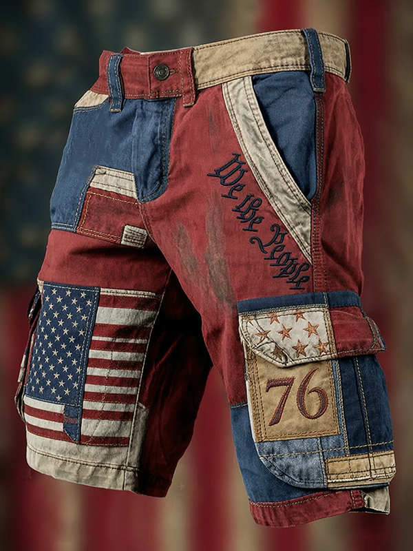 Men's We The People American Flag Colorblock Print Denim-Like Cargo Shorts