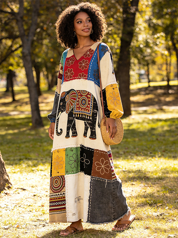 Women's Elephant Ethnic Floral Colorful Print Long Sleeve Maxi Dress