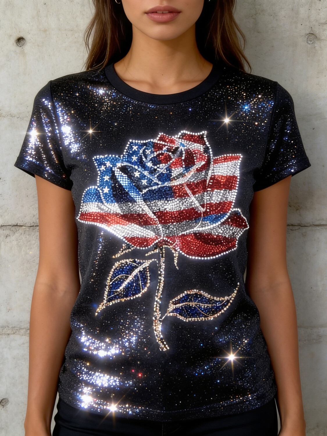 Women's USA Flag Rose Print Casual T-Shirt