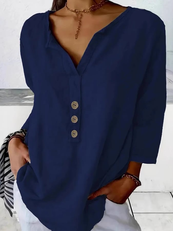Women's V-Neck Long Sleeve Loose Button Design Casual Shirt