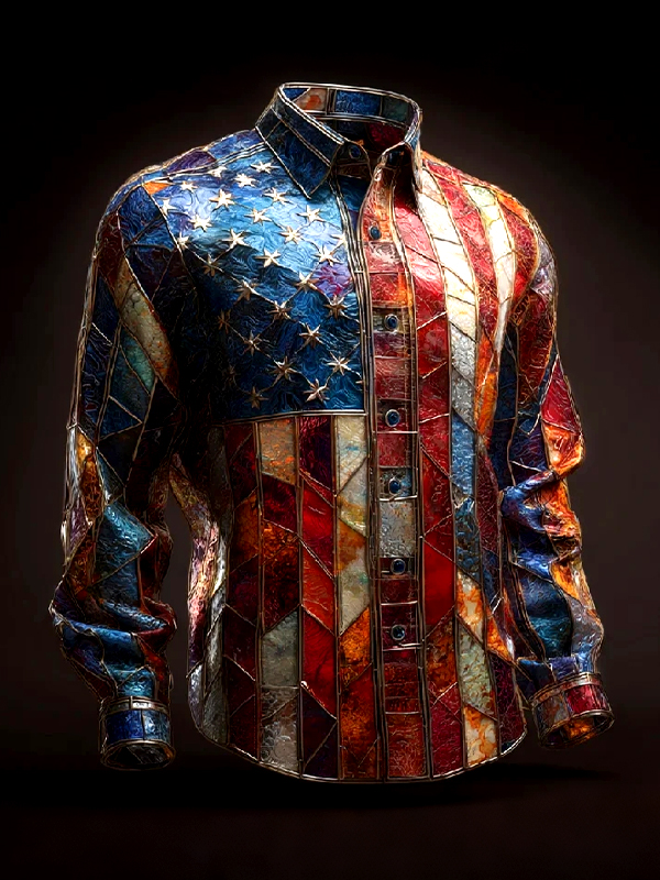 Men's Colored Glass American Flag Geometric Abstract Art Print Long Sleeve Shirt