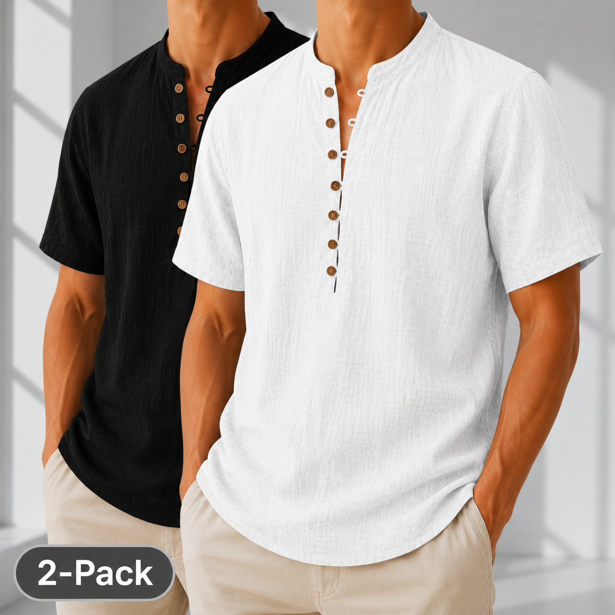 American Flag Cotton Linen Popover Shirts - 2-Pack for 4th of July Celebrations - Various Colors & Sizes - White+Black 2XL