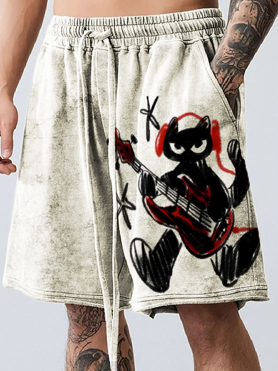 Men's Black Cat and Electric Guitar Cartoon Print Casual Shorts
