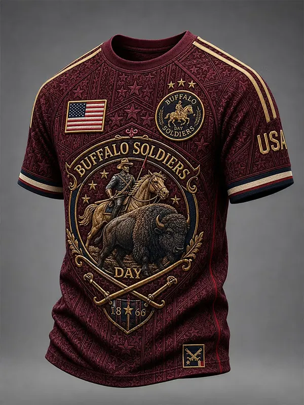 Men's Buffalo Soldiers Day Burgundy Vintage Cavalry Print T-Shirt
