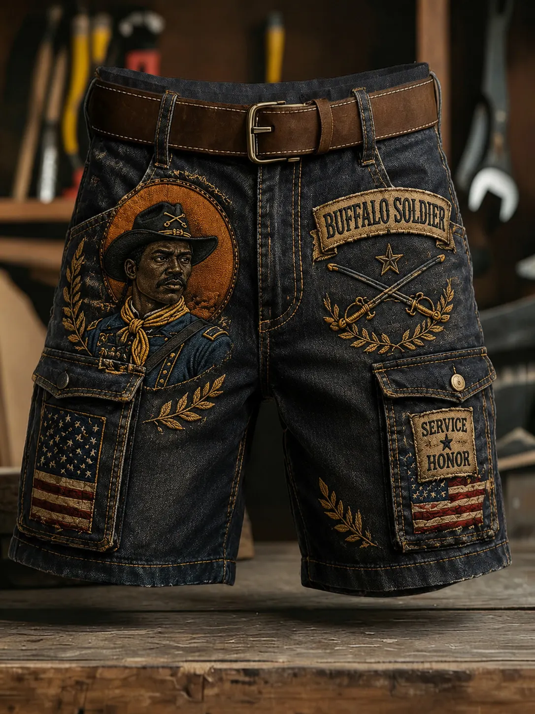 Men's Buffalo Soldier Service Honor American Flag Print Casual Shorts