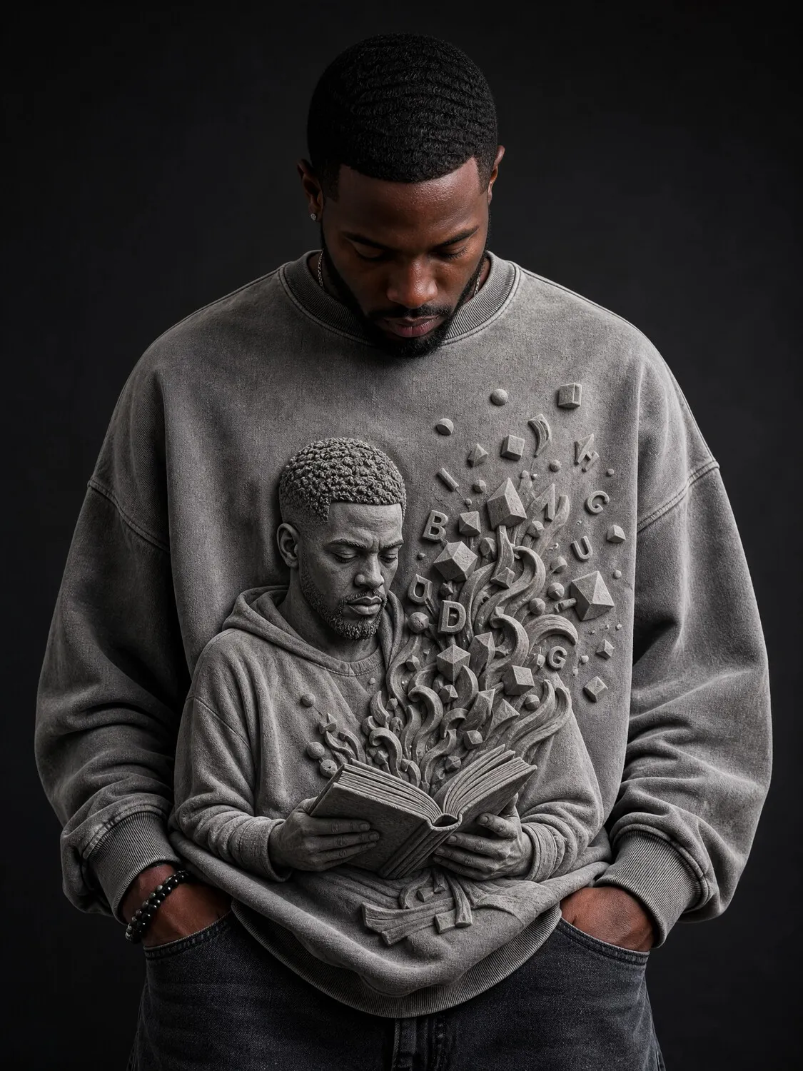 Men's Black Man Reading Book Floating Alphabet Art Print Casual Sweatshirt