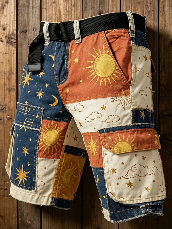 Men's Sun Star Moon Color Block Print Denim-Like Cargo Shorts