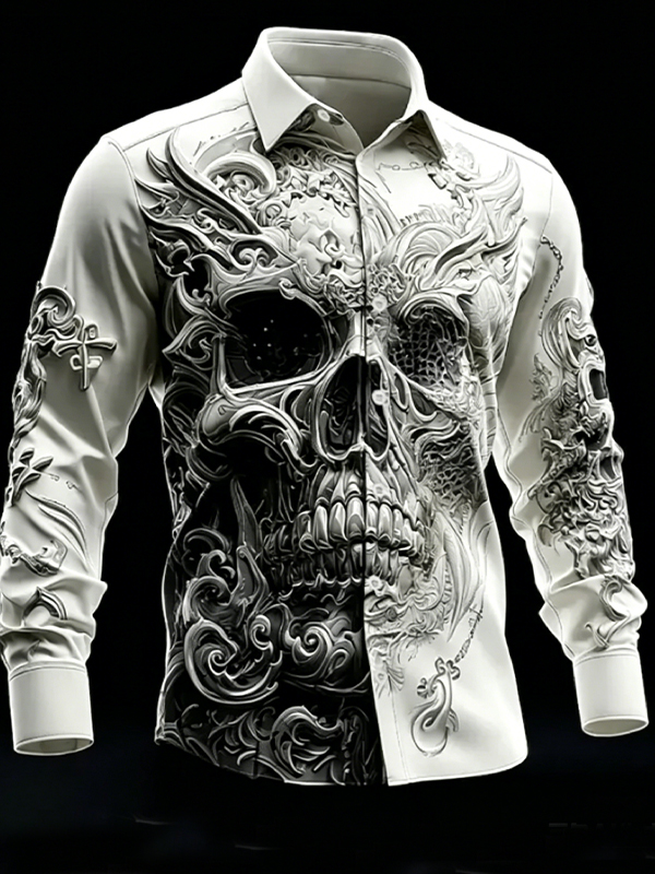 Men's Dark Relief Art Skull Print Long Sleeve Shirt