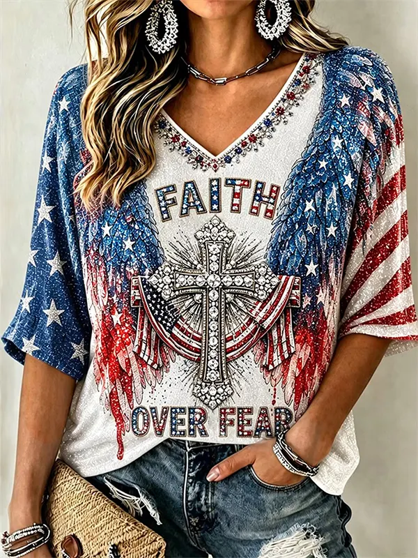 Women's American Flag Wing Cross Faith Over Fear Rhinestone Print Casual V Neck T-Shirt
