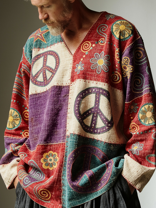 Men's Hippie Peace Symbol Art Print V Neck Long Sleeve T-Shirt