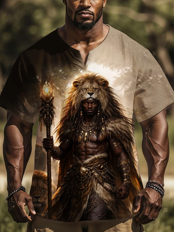 Men's Retro African Tribe Leader Print Casual Notch Neck T-Shirt