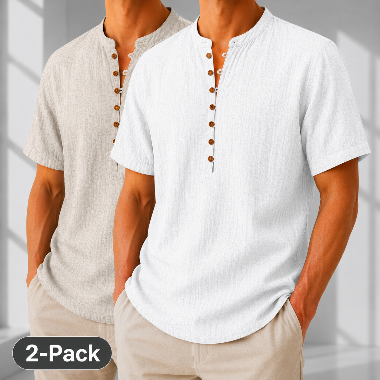American Flag Cotton Linen Popover Shirts - 2-Pack for 4th of July Celebrations - Various Colors & Sizes - White+khaki M