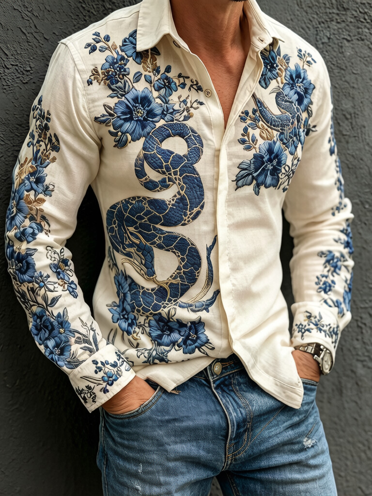 Men's Snake Flowers Japanese Art Print Long Sleeve Shirt