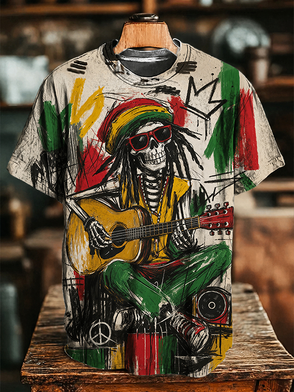 Men's Reggae Musician Plays Guitar And Abstract Graffiti Art Print T-Shirt