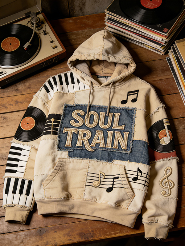 Men's Retro Music Notes Color Blocks Print Casual Hoodie