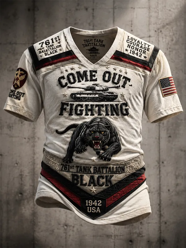 Men's 761st Tank Battalion Black Panther Art Print V Neck T-Shirt