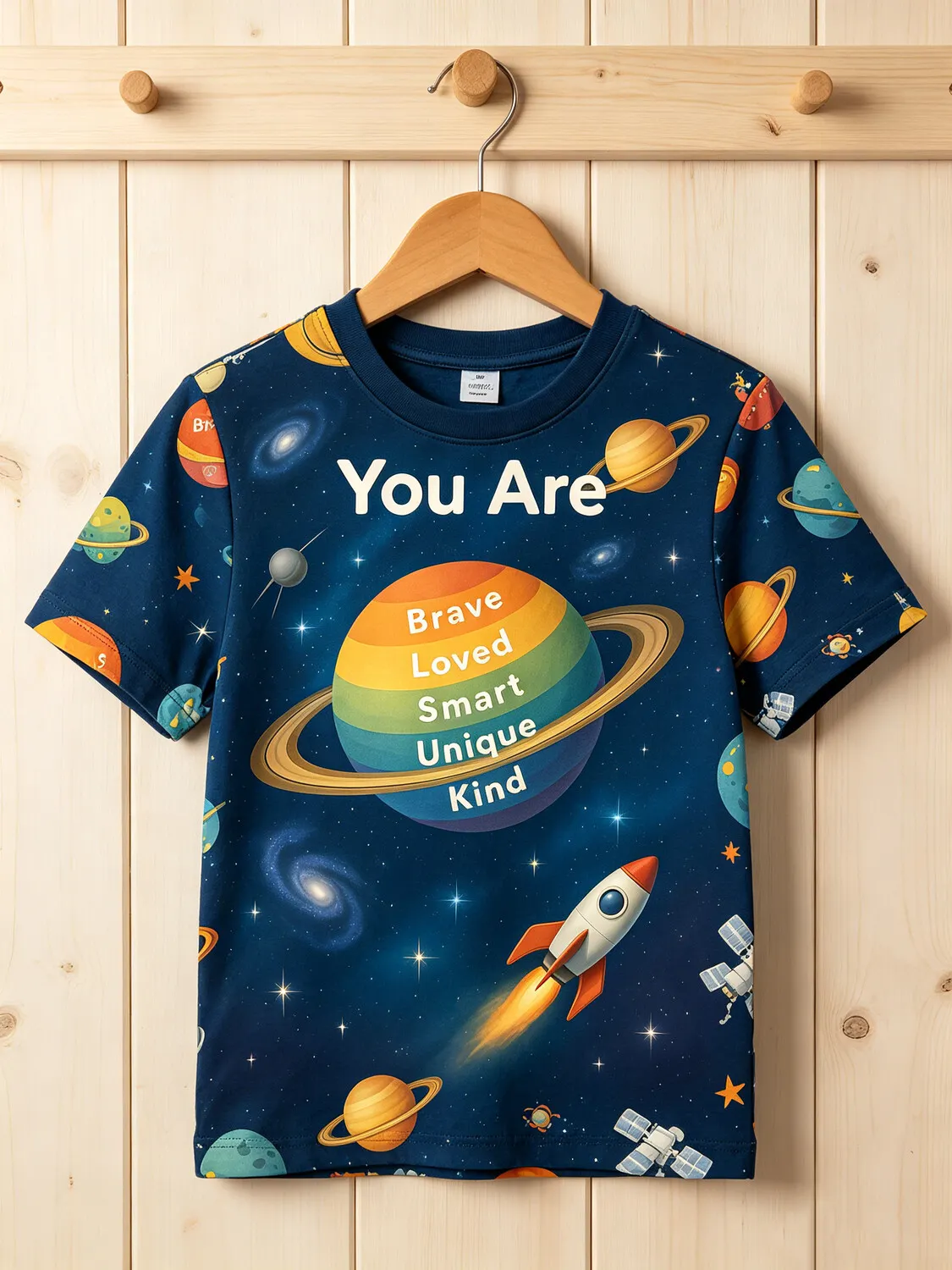 Women's Space Rocket Planet Inspirational You Are Brave Loved Smart Print Casual T-Shirt