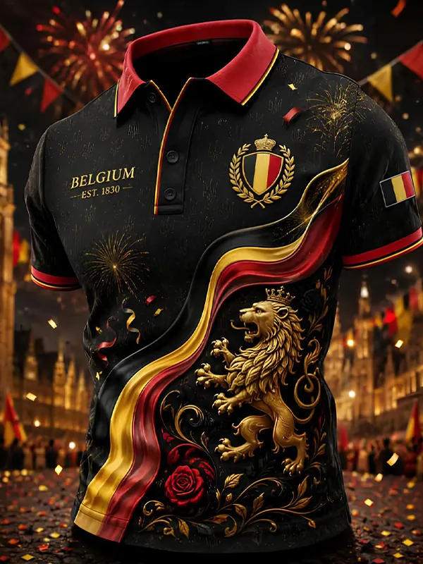 Men's Belgium Golden Lion and Flag Stripe Printed Short Sleeve Polo Shirt