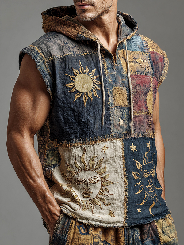 Men's Colorblock Stitching Sun And Moon Hippie Art Print Hooded Tank Top