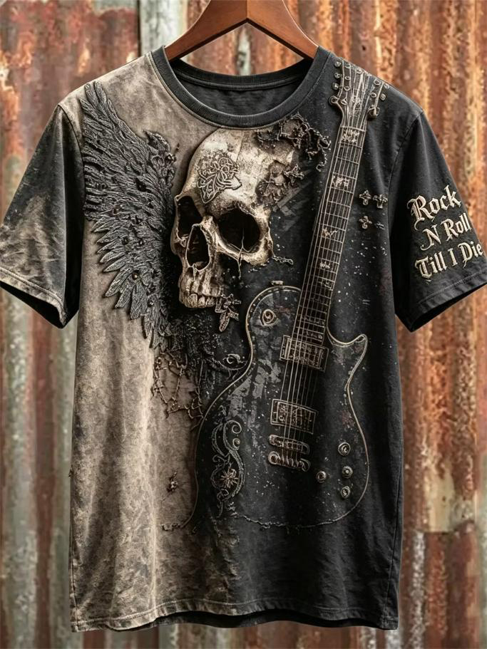 Men's Rock N Roll Skull Wing Guitar Print T-Shirt
