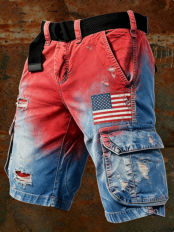 Men's Independence Day Gradient American Flag Print Denim-Like Casual Shorts