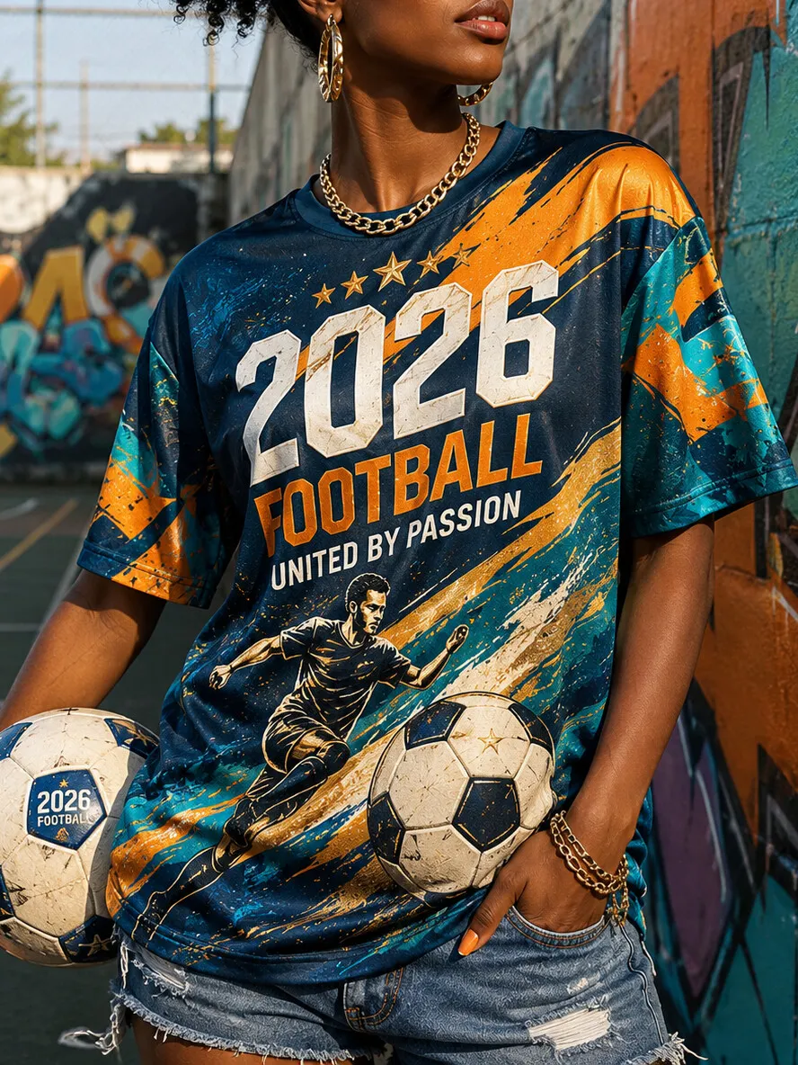 Women's Brushstroke 2026 Football Soccer Player Retro Art Print Casual T-Shirt