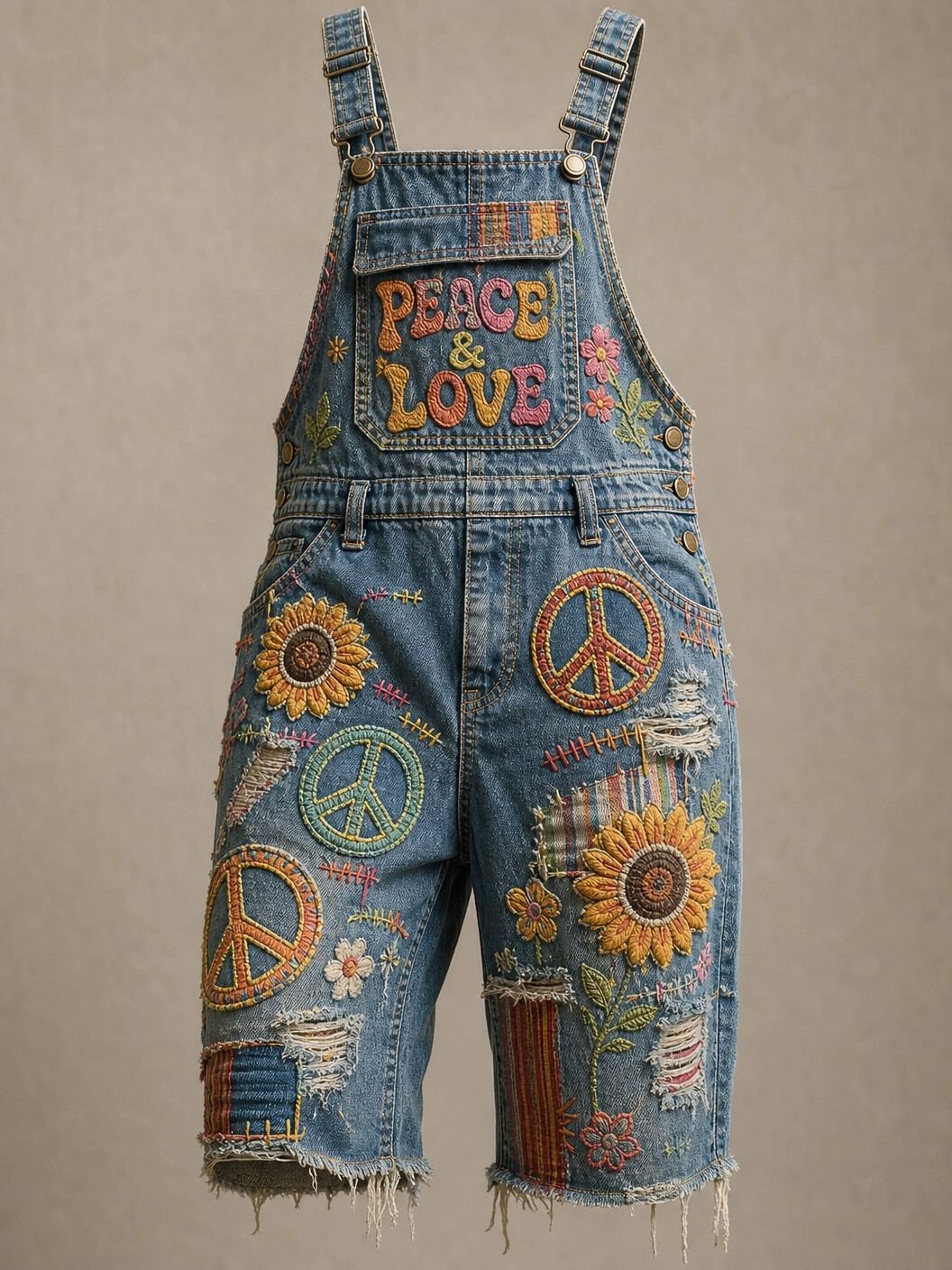 Men's Peace And Love Sunflower Print Shorts Overalls