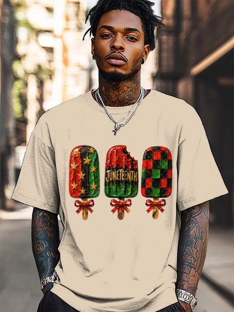 Men's Colorblock Ice Lollipop Juneteenth Print Cotton Casual T-Shirt