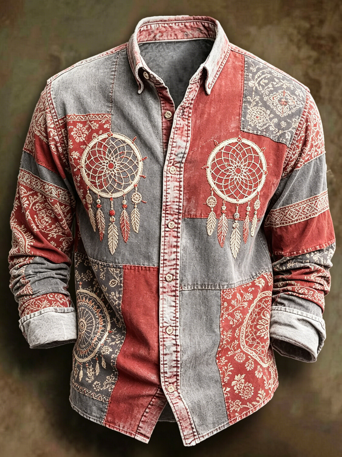 Men's Bohemian Dreamcatcher Patchwork Peace Long Sleeve Shirt