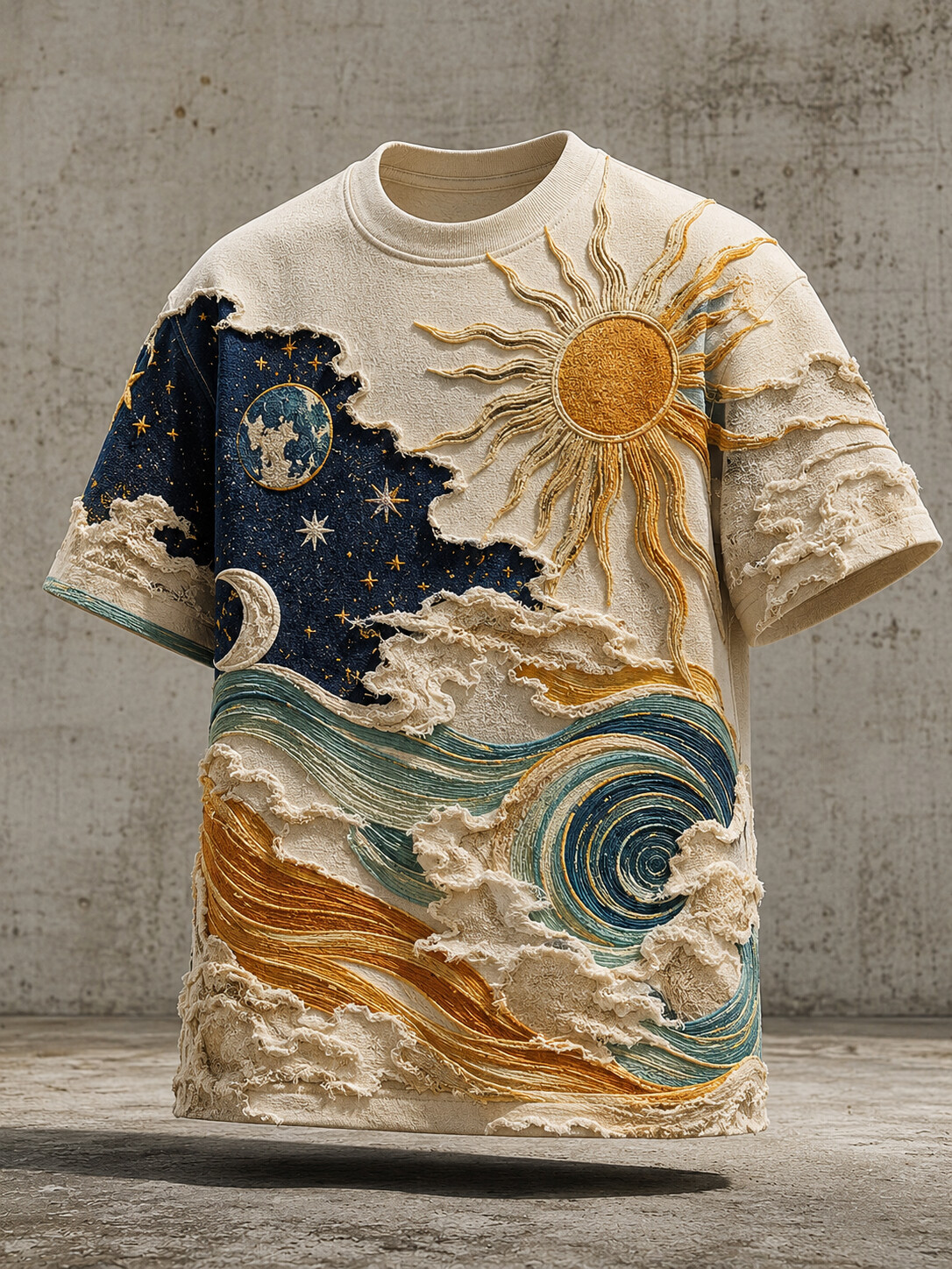 Men's Sun Moon Star Ocean Wave Art Print T-Shirt